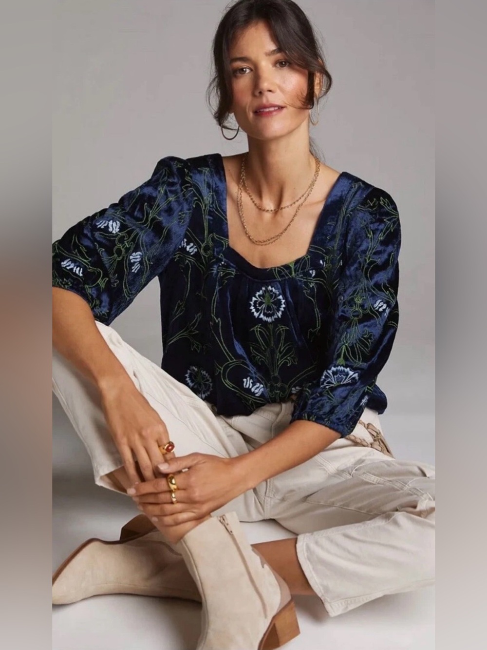 ANTHROPOLOGIE Velvet Embroidered Blouse Blue L - Picture 10 of 10